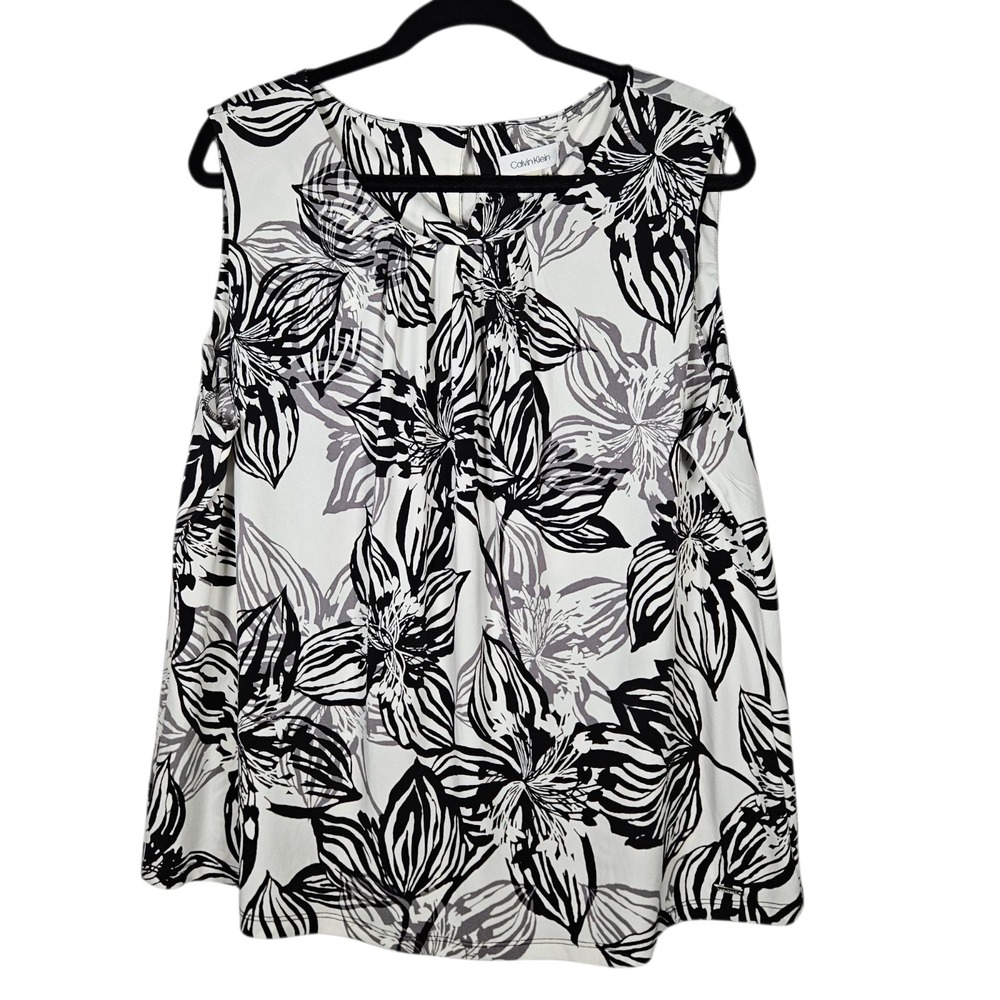 Calvin Klein Top Women 2X Floral AOP Sleeveless Tunic Boho Stretch Office Career